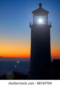 Light Shining In The North Head Lighthouse On The Washington Coast At Sunset