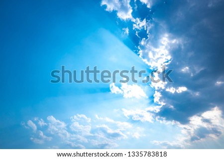 Light sky blue or azure sky and cloud is bright white background. Everything lies above surface atmosphere outer space is sky. Cloud is aerosol comprising visible mass of liquid droplet frozen in air.