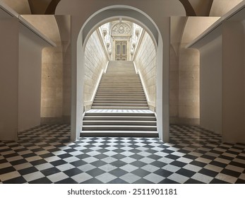 Light and spacious arched staircase entrance with black and white checkered floor - Powered by Shutterstock