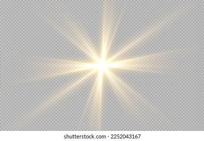 Light, sun on an isolated transparent background. The rays of the sun png. Light png. Sunrise Sunset. Flash Light. Vector illustration.	
