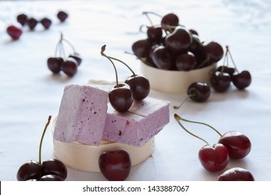 Light Sweet Homemade Natural Creative Cherry Berry Souffle Or Marshmallow With Fresh Autumn Fruits Served White Table Copy Space For Healthy Kid’s Snack. Dessert Menu Veggie Tables. Selective Focus. 