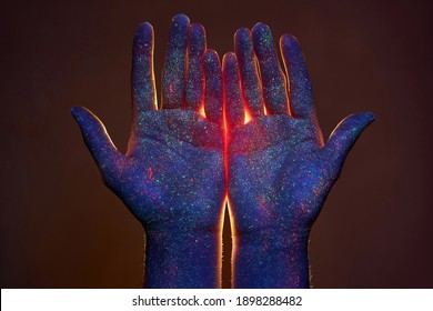 Light Through The Palms Of Your Hands In Ultraviolet, God And Religion. Divine Light Through Hand Fingers, Prophet Muhammad