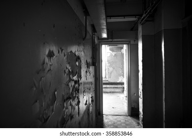 Light Through Window At Dark Corridor Hallway