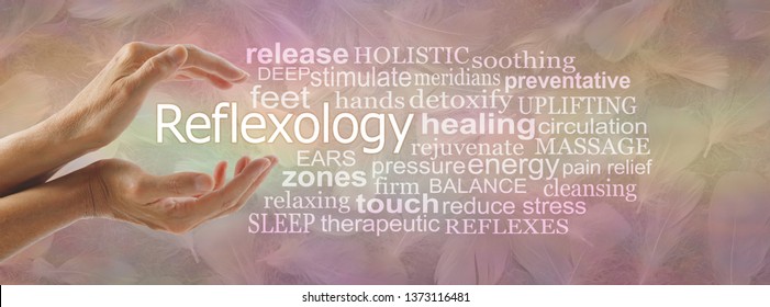 Light Touch Reflexology Word Cloud Banner - Pair Of Cupped Hands Around The Word REFLEXOLOGY Surrounded By A Word Cloud On A Subtle Pale Feathered   Parchment Background
