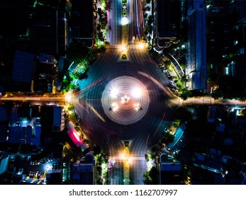 Light Trail On The Democracy Monument In Thailand Form Aerial Photography Top View