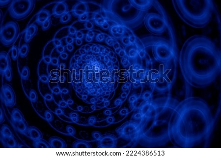 Light Trail Swirl. Abstract Circular Light Painting. Blue shiny spiral wave. line twirl. Glittering wavy trail. Swirling dynamic neon circle. Rotating speed ring. Magic whirlwind with flare sparkles