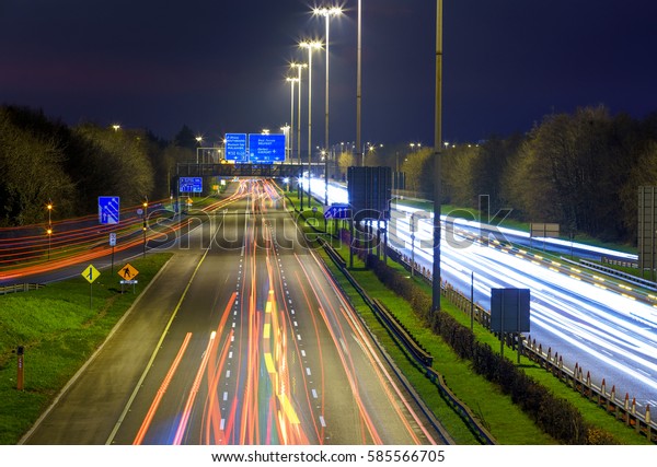 Light trails from headlights and tail lights on\
the M1 Motorway, Dublin