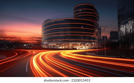 Light trails on the city road with modern building background