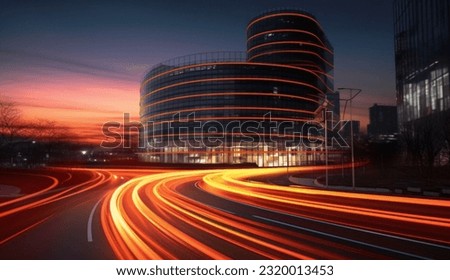 Light trails on the city road with modern building background