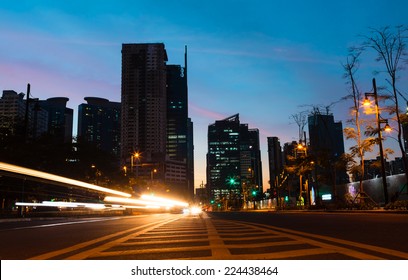 Light Trails On The Street At Dusk In Manila, Philippines