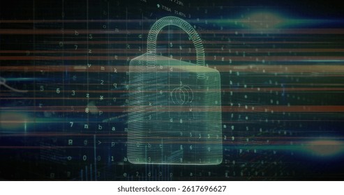 Light trails over security padlock icon against spots of light on blue background. cyber security technology concept