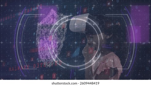 Light trails and scope scanning over cyber security data processing against girl wearing vr headset. computer interface and cyber security technology concept