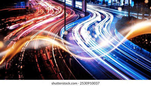 Light trails streak across a nighttime cityscape, creating an abstract, dynamic scene. - Powered by Shutterstock