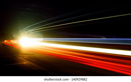  light trails in tunnel. Art image . Long exposure photo taken in a tunnel