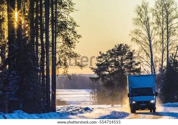 light truck on winter frosty
trip