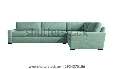 Light turquoise fabric angular sofa on dark wooden legs isolated on white background. Series of furniture