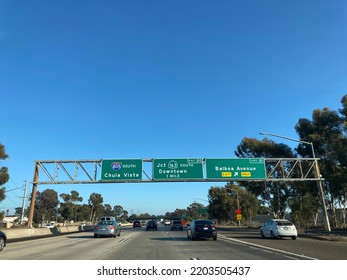 Light Weekend Traffic On Southbound Highway 805. Interstate 163 And 805 Overhead Highway Road Sign Showing The Directions To Balboa Avenue, Chula Vista And Downtown - San Diego, California, USA - 2022