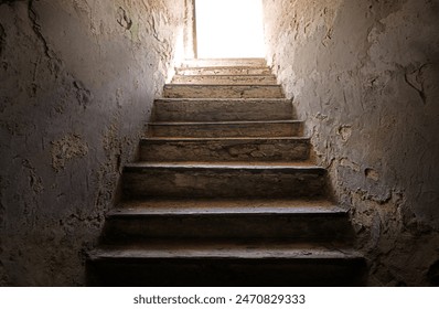 Light white glow top rusty fort trap jail hall down history tomb cave cell room. Gloomy black lead raise climb high walk upward home ladder case gate aim lit dim day sun beam sky hope concept backdrop - Powered by Shutterstock