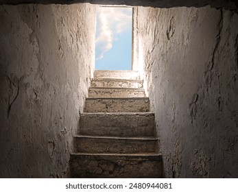 Light white glow top rusty fort trap jail hall down history tomb cave cell room. Gloomy black lead raise climb high walk upward home ladder case gate aim lit dim day sun beam sky hope concept backdrop - Powered by Shutterstock