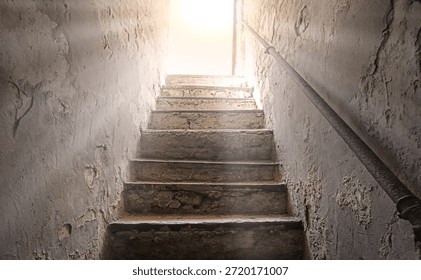 Light white glow top rusty fort trap jail hall down history tomb cave cell room. Gloomy black lead raise climb high walk upward home ladder case gate aim lit dim day sun beam sky hope concept backdrop