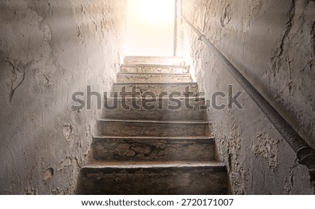 Light white glow top rusty fort trap jail hall down history tomb cave cell room. Gloomy black lead raise climb high walk upward home ladder case gate aim lit dim day sun beam sky hope concept backdrop