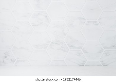 Light White Grey Marble Hexagon Tile Wall With White Wood Board As Floor, Empty Interior Of Kitchen, Bathroom For Design.