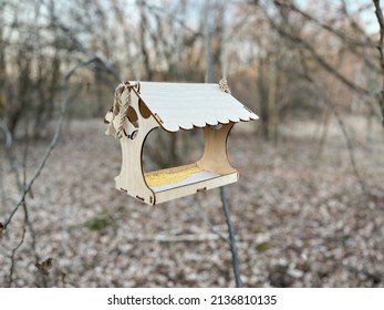 Light wooden bird feeder with bait hanging on a tree in the forest