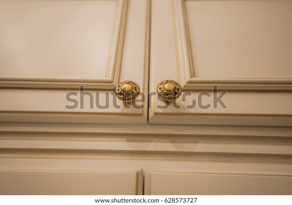 Light Wooden Cabinet Golden Handles Stock Photo Edit Now 628573727