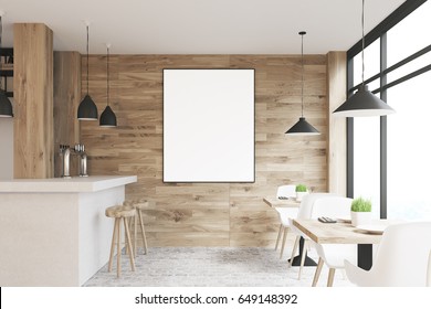 Light wooden cafe interior with square tables, white chairs, stools standing near a white bar and a framed vertical poster on a wall. 3d rendering, mock up