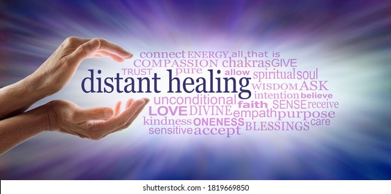 Light Worker Sending High Frequency Distant Healing Word  Cloud Concept - Cupped Hands With White Light Between And A DISTANT HEALING Word Cloud Against An Outward Streaming Blue Energy Field 
