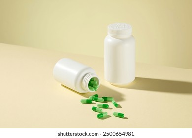 Light yellow background featuring two mock up bottles in white, the one flat lay with spilling out green capsule, the other standing by. The design template from high angle shot, medication theme