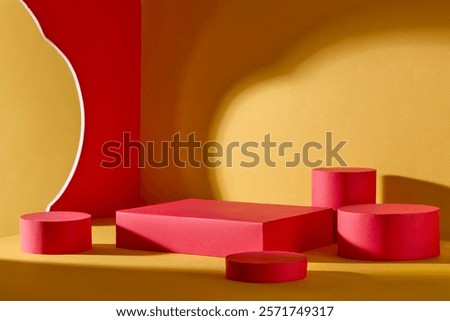 A light yellow background, side angle view, some red cylindrical podium with a rectangular platform for displaying products. A dark red wall on the left. Perfect for a Chinese New Year theme.