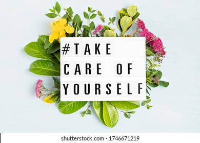 Lightbox with motivation words for self care, positive thinking, mental health, emotional wellness. Top view. - Shutterstock ID 1746671219