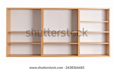 A lightbrown wooden bookcase with multiple empty shelves, offering ample storage. Three sections are visible, showing clean lines and simple design. Ideal for books, decor, or organization.