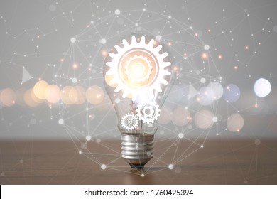 Lightbulb With Cog Gears And Connection Line. Creative Thinking Idea Concept.