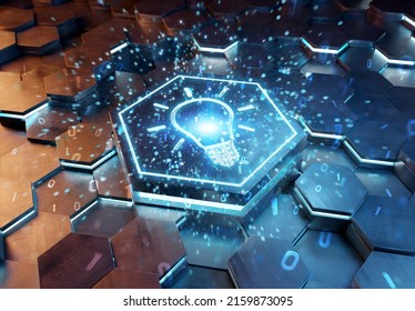 Lightbulb Icon Creativity Concept Engraved On Blue And Orange Metal Hexagonal Pedestral Background. Innovation Symbol Glowing On Abstract Digital Surface. 3d Rendering