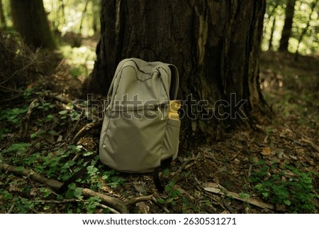 A light-colored backpack with a yellow bottle is placed at the base of a large tree in a shaded forest. The scene suggests a hiking break, outdoor exploration, and a connection with nature through