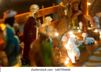 A Lighted Belén During Night Time. A Traditional Nativity Scene Common In The Philippines During The Christmas Season.