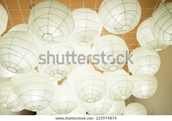 Lighted Paper Lanterns Inside Building Decoration Stock Image