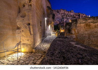 Lighted Patios Late At Night At An Upscale Hotel In The Center Of The Ancient City Of Matera, Italy, And Unesco World Heritage Site