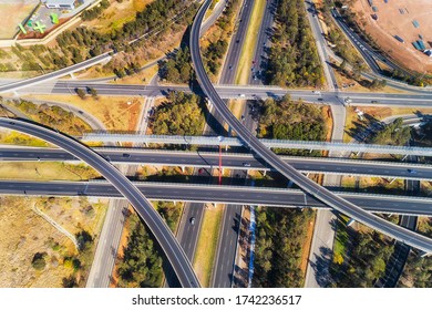 Lighthorse intersection between two major motorways in Greater Sydney - M4 and M7. Overhead aerial view top down.