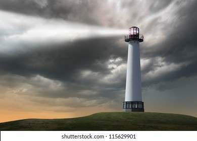 Lighthouse beaming light ray over stormy clouds.