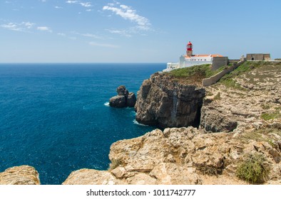 Lighthouse Cabo de Sao Vicente Cape San Vincente cliffs south-west point of Europe and Eurasia near Sagres in Algarve, Portugal