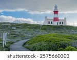 Lighthouse of Cape Agulhas, the geographic southern tip of Africa and the beginning of the traditional dividing line between the Atlantic and Indian Oceans