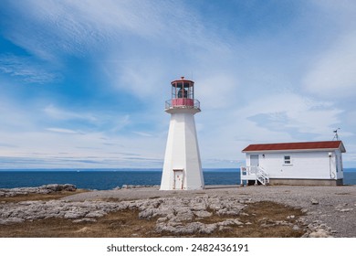 Lighthouse at Cape Norman, a desolate limestone headland at the northernmost tip of Newfoundland's island portion in the Canadian province of Newfoundland and Labrador.