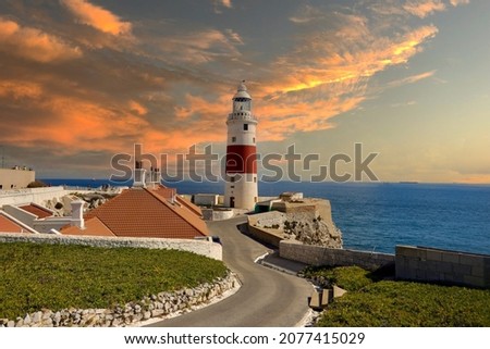 Lighthouse of Europa Point at sunset in Gibraltar. Europa Point is the southernmost point of Gibraltar.