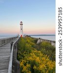 Lighthouse and Flowets Over Lake Superior in Michigan