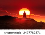 Lighthouse henge of golden sunset at Fugui Cape Park in northern eastern Taiwan. The henge is formed in every April and August under the circumstance that weather is good enough without low clouds.