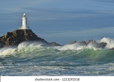  lighthouse, Jersey, U.K.
Storm Callum whips up waves around a coastal structure.
