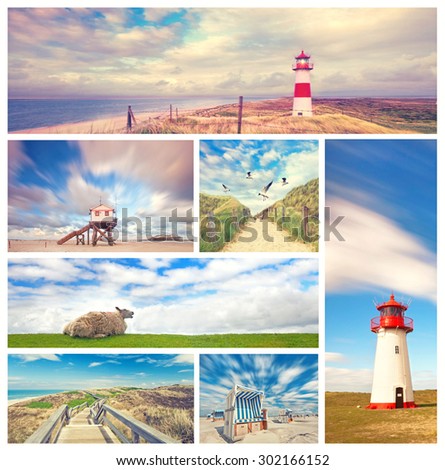 Lighthouse List and beautiful coastal landscape of the german North Sea Island Sylt, Germany, collage